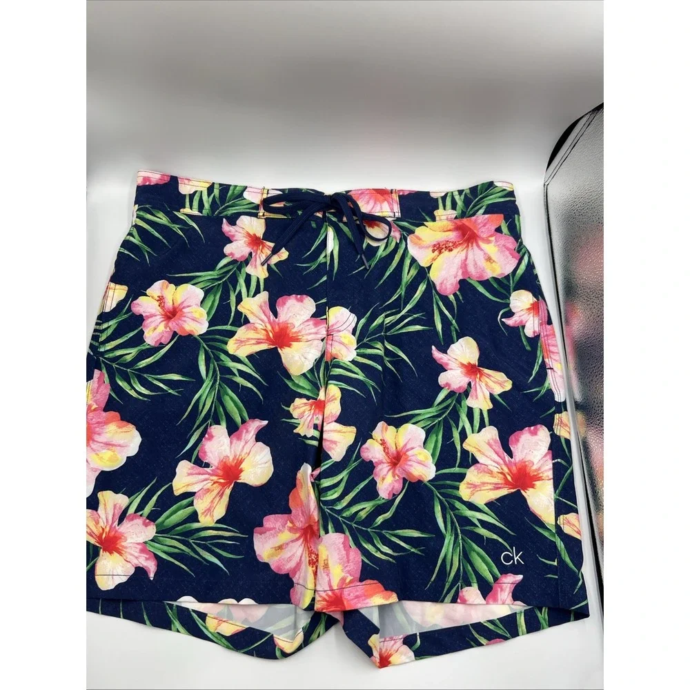 Calvin Klein Blue Floral Swim‎ Trunks Lined Quick Dry UPF 40+ Men's Size Large